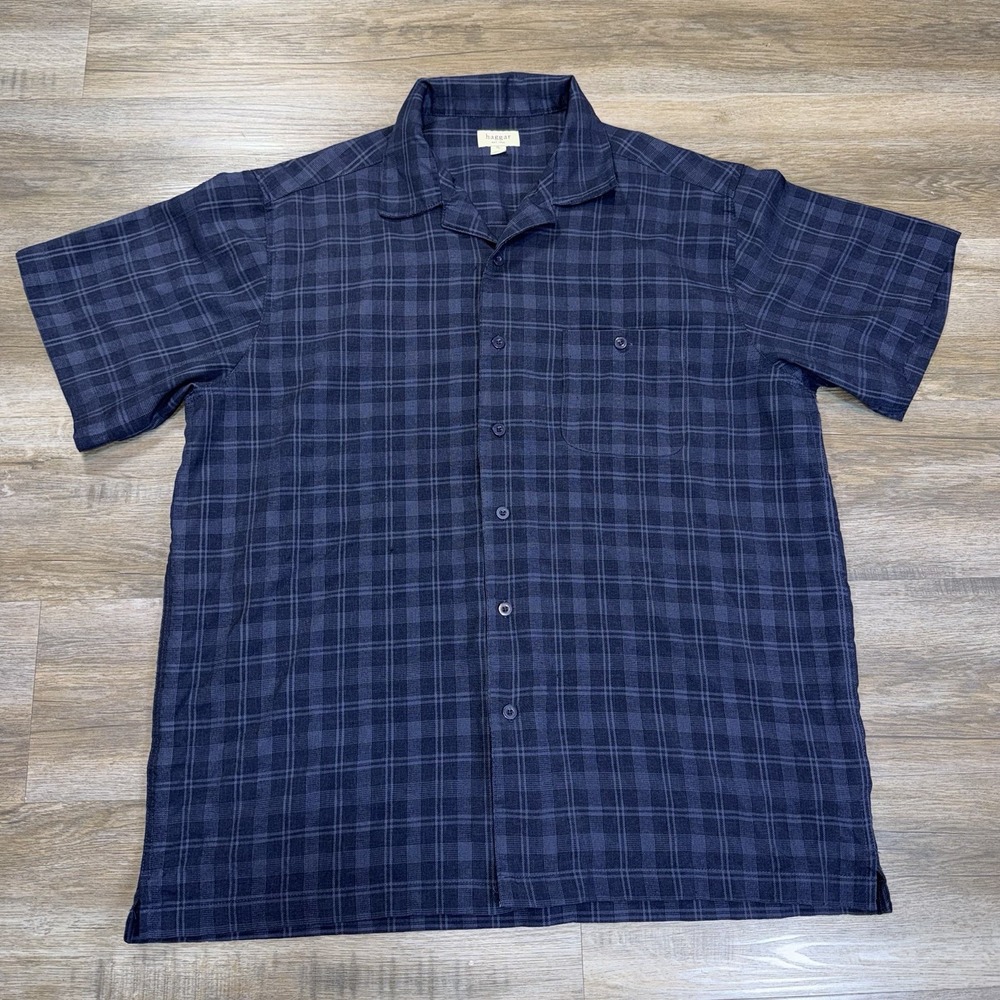 Haggar Navy Blue Short-Sleeve Camp-Collar Button-Up Shirt Mens XL Subtle Plaid